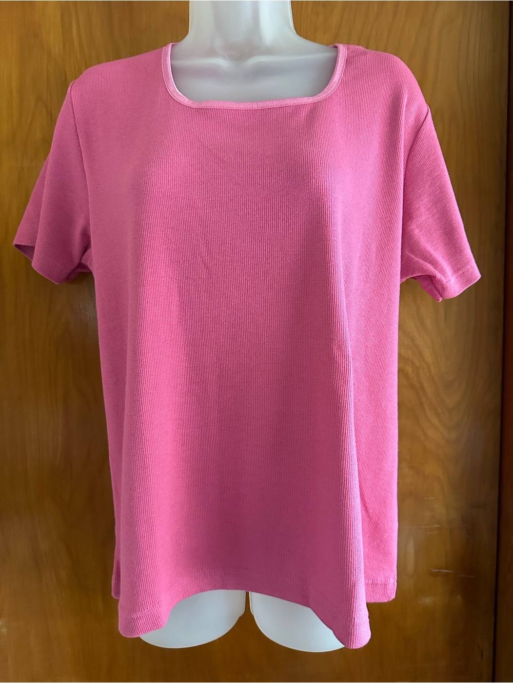 Denim & Co NWT Large Pink Square Neck Satin Trim Knit Top